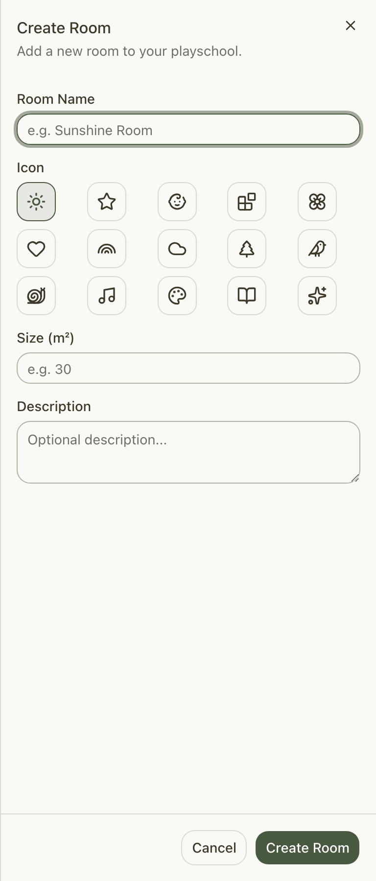 The Size (m²) field when adding or editing a room
