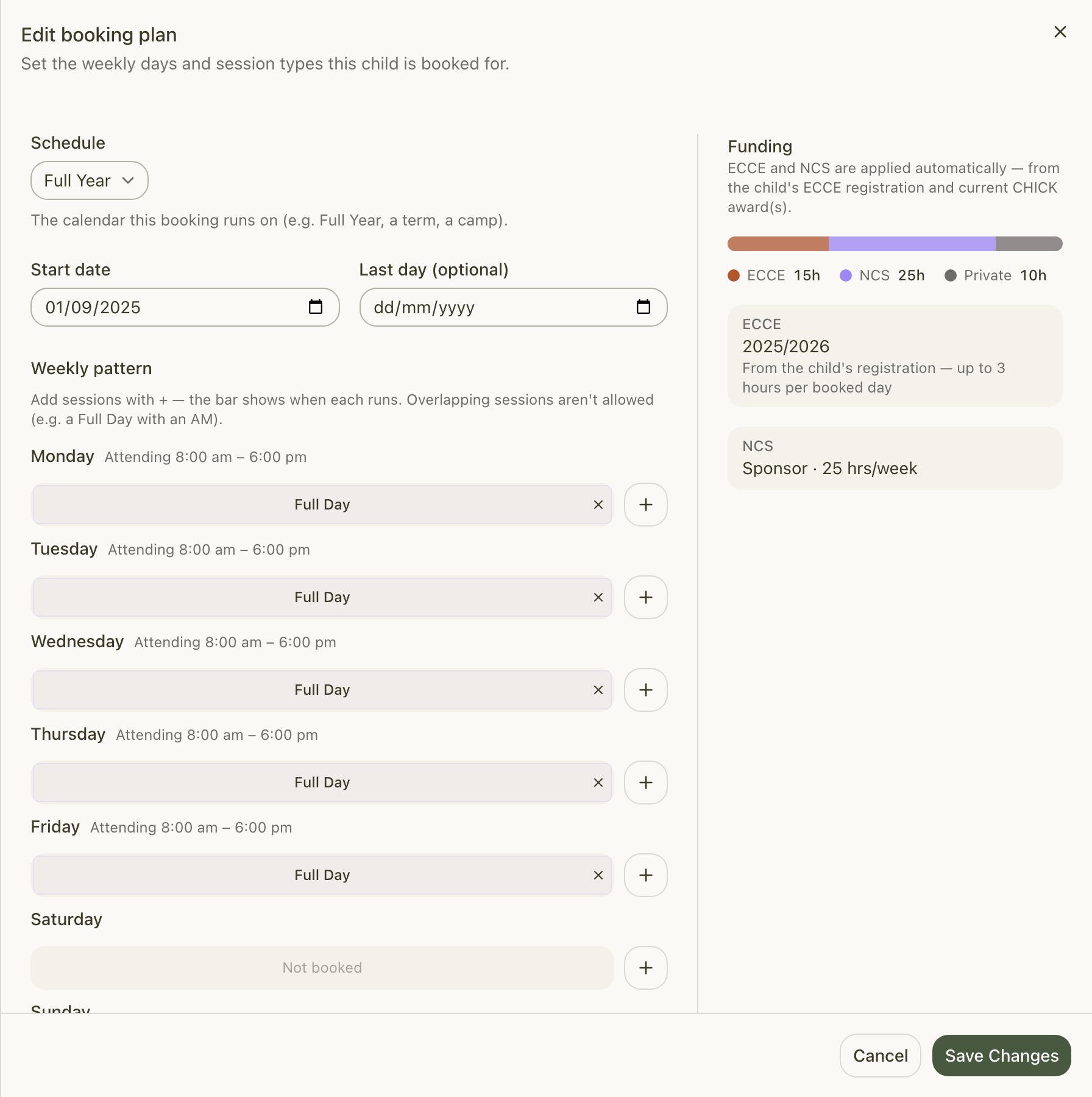 The booking-plan editor — a weekly pattern with a live funding breakdown