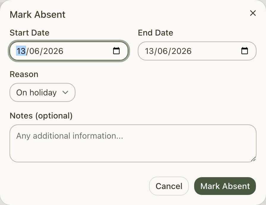 The Mark Absent dialog