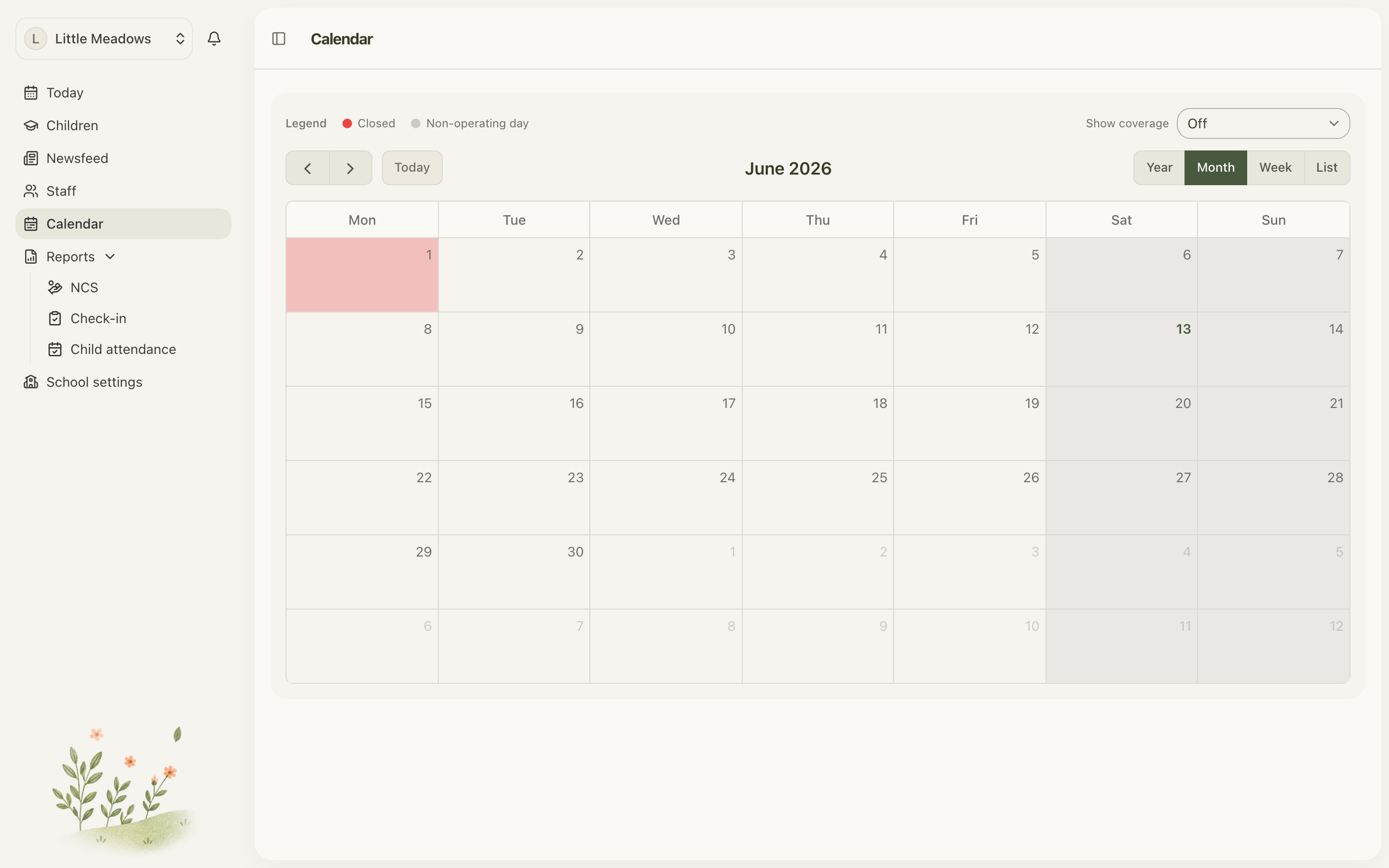 The service calendar, with closed and non-operating days shaded