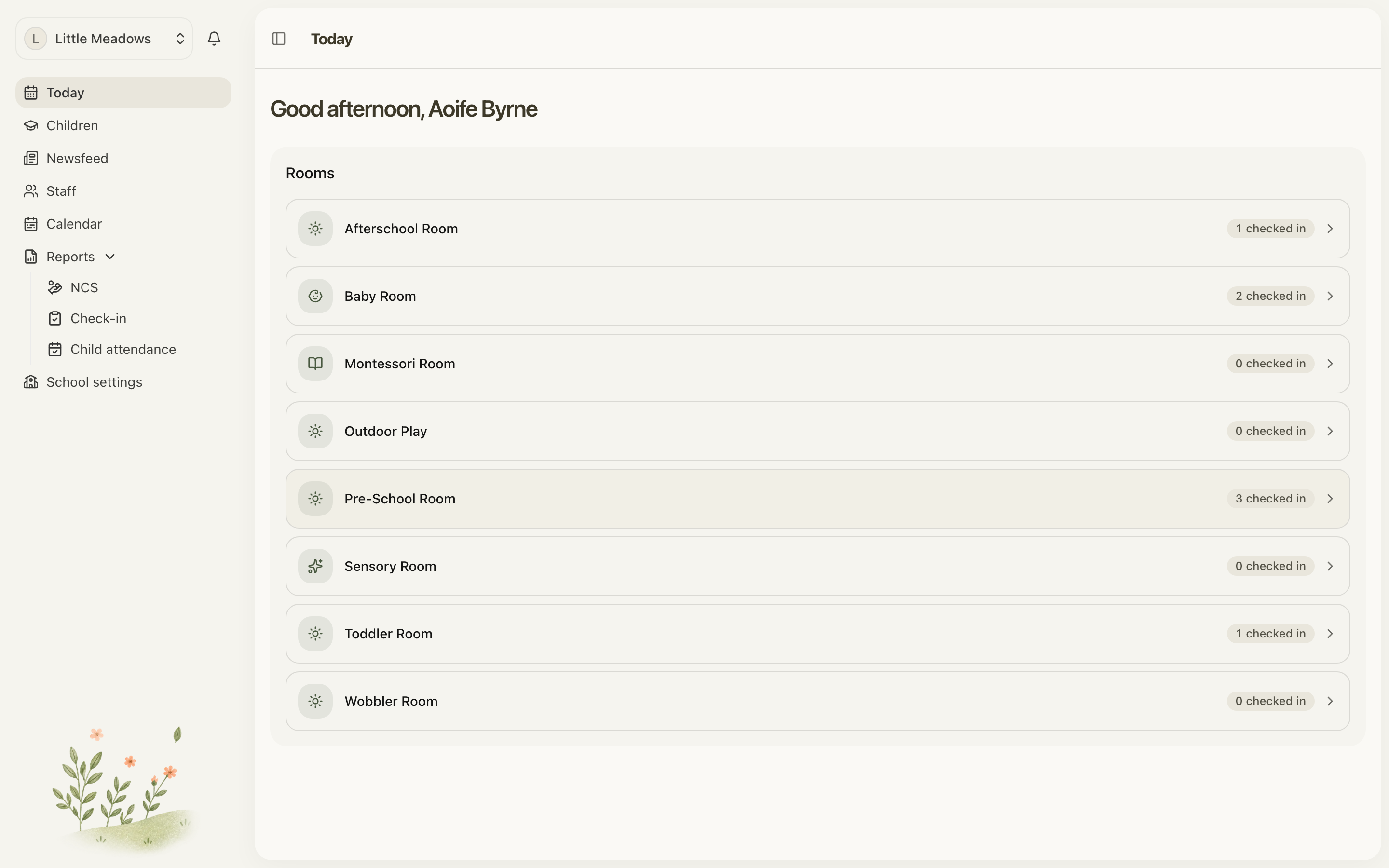 The Today dashboard with a live check-in count per room